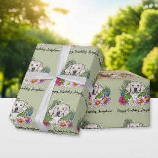 Cream Golden Retriever Floral Happy Birthday Green