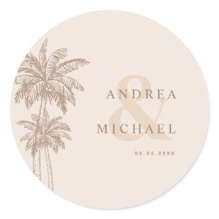 Cream Palm Trees & Ampersand Names Wedding Classic Round Sticker