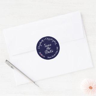 Create Elegant Blue White Wedding Save the Date Classic Round Sticker