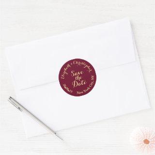 Create Elegant Burgundy Gold Wedding Save the Date Classic Round Sticker