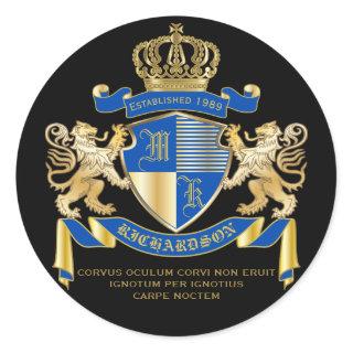 Create Your Own Coat of Arms Blue Gold Lion Emblem Classic Round Sticker