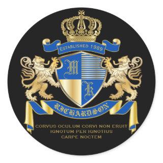 Create Your Own Coat of Arms Blue Gold Lion Emblem Classic Round Sticker