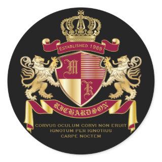 Create Your Own Coat of Arms Red Gold Lion Emblem Classic Round Sticker