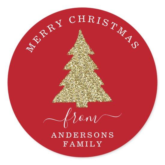 Create Your Own Gold Glitter Christmas Tree Red Classic Round Sticker