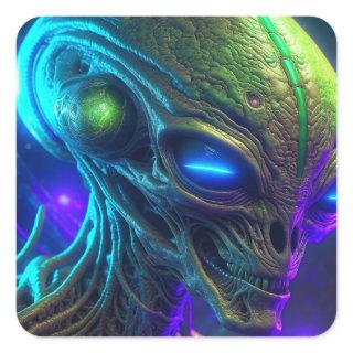 Creepy Alien Head with Glowing Blue Eyes Square Sticker