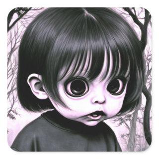 Creepy Child with Big Eyes Scared Square Sticker