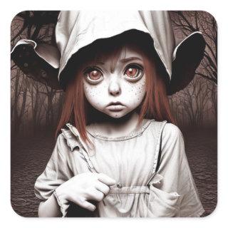 Creepy Girl Big Eyed Chibi Halloween Square Sticker