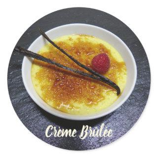 Creme brulee on slate with raspberry and vanilla classic round sticker