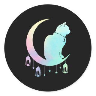 Crescent Moon Pastel Cat Mystical Wicca Goth Classic Round Sticker