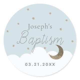 Crescent Moon & Stars Light Blue Boy Baptism Classic Round Sticker