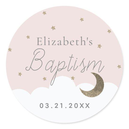 Crescent Moon & Stars Pink Girl  Baptism Classic Round Sticker