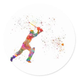 Cricket player in watercolor classic round sticker