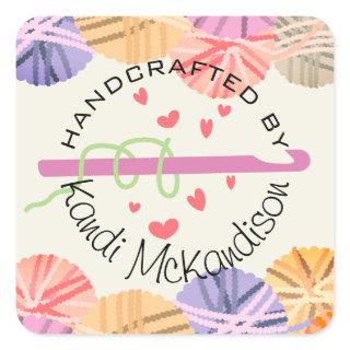 Crochet hook hearts yarn handmade with love square sticker