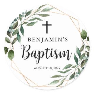 Cross Greenery Gold Baptism Classic Round Sticker