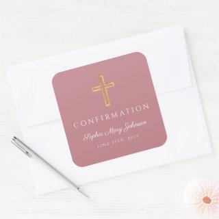 Cross Religious Girl Confirmation Pink Square Sticker