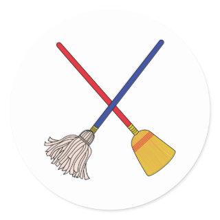 Crossed Mop & Broom Classic Round Sticker