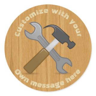 Crossed Tools Hammer and Spanner Custom Text Classic Round Sticker