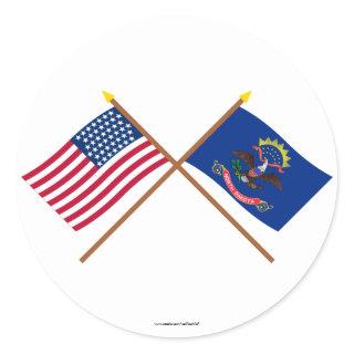 Crossed US 43-star and North Dakota State Flags Classic Round Sticker