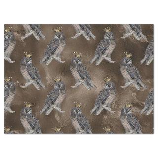 Crowned Grey Owls on Brown Decoupage Tissue Paper