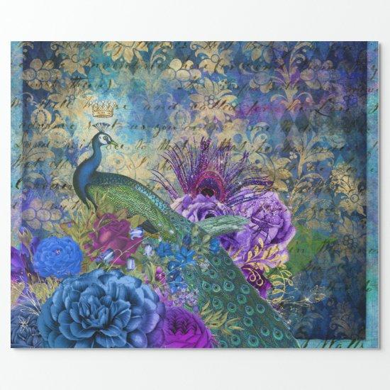 Crowned Peacock on Blue Purple Floral