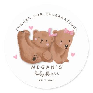 Cub Twin Bears Girls Baby Shower  Classic Round Sticker