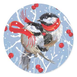 Cuddling Chickadees Christmas Classic Round Sticker