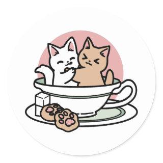 Cuddling Kitties in a Cup - Adorable Tea Time Classic Round Sticker