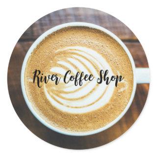 Cup of Coffee Latte Leaf-Shape Foam on Wood Name Classic Round Sticker