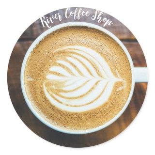 Cup of Coffee Latte Leaf-Shape Foam on Wood Name Classic Round Sticker