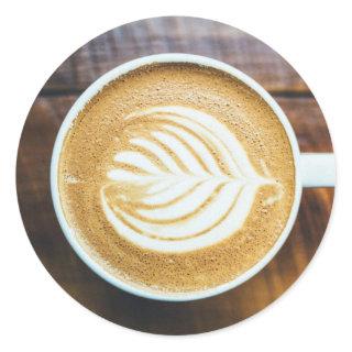 Cup of Coffee Latte with Leaf-Shape Foam on Wood Classic Round Sticker