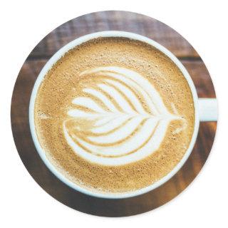 Cup of Coffee Latte with Leaf-Shape Foam on Wood Classic Round Sticker