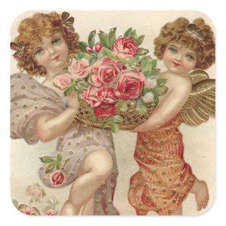 Cupid Cherub Angel Basket Roses Rose Square Sticker
