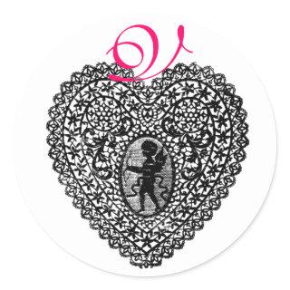 CUPID LACE HEART MONOGRAM ,pink Classic Round Sticker