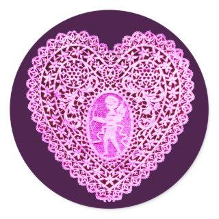 CUPID LACE HEART,pink purple Classic Round Sticker