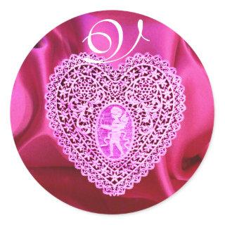 CUPID LACE HEART SILK FUCHSIA CLOTH , Pink Violet Classic Round Sticker