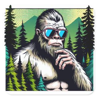 Curious Bigfoot with Sunglasses Hiding in Woods Square Sticker