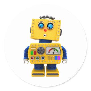 Curious toy robot looking down classic round sticker