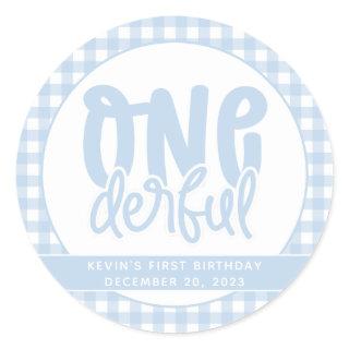 Custom 1st Birthday Cute Pastel Blue Onederful Classic Round Sticker