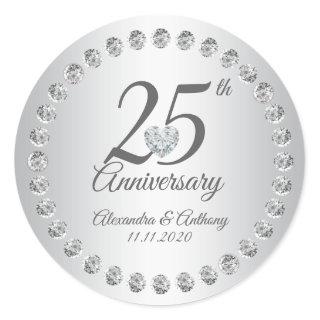 Custom 25th Wedding Anniversary Diamonds Silver Classic Round Sticker