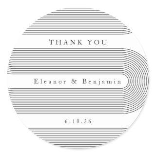 Custom Arch Black White Lines Elegant Name Wedding Classic Round Sticker