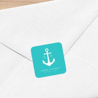 Custom Background Color Monogram Anchor Wedding Square Sticker
