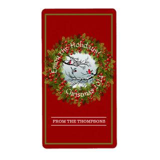 Custom Birds In Snow Pine Needles Red Berries Label