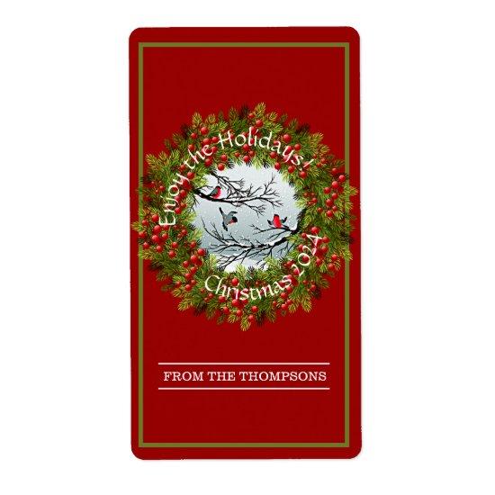 Custom Birds In Snow Pine Needles Red Berries Label