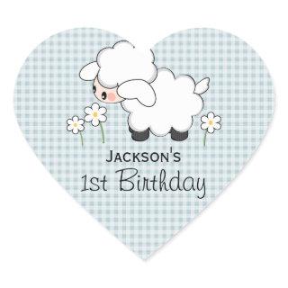 Custom Birthday Blue Gingham Lamb Heart Sticker