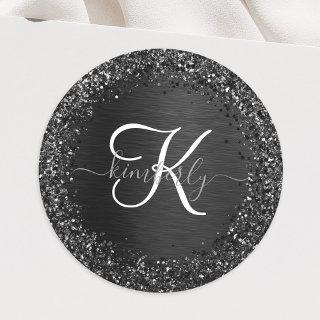 Custom Black Glitter Sparkle Monogram Classic Round Sticker