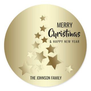 Custom Black Gold MERRY CHRISTMAS Tree Lights Classic Round Sticker