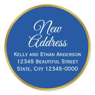 Custom Blue, White and Faux Gold New Address Classic Round Sticker