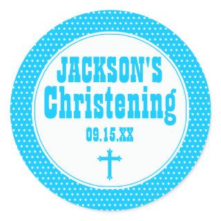 Custom Blue & White Dot Christening Sticker, Cross Classic Round Sticker