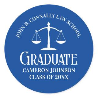 Custom Blue White Law School Graduation Party Classic Round Sticker
