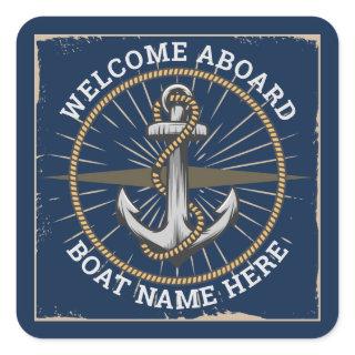 Custom boat name welcome aboard anchor and rope square sticker